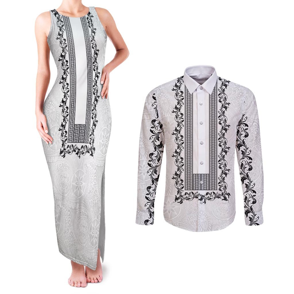 Philippines Polynesian Floral Pattern Couples Matching Tank Maxi Dress and Long Sleeve Button Shirt With Barong Tagalog White Style