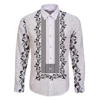 Philippines Polynesian Floral Pattern Family Matching Off The Shoulder Long Sleeve Dress and Hawaiian Shirt With Barong Tagalog White Style