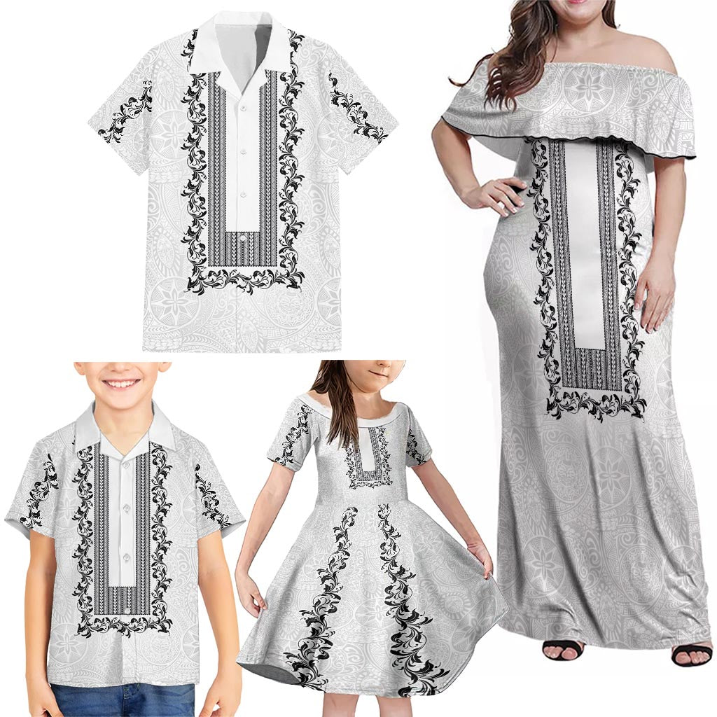 Philippines Polynesian Floral Pattern Family Matching Off Shoulder Maxi Dress and Hawaiian Shirt With Barong Tagalog White Style