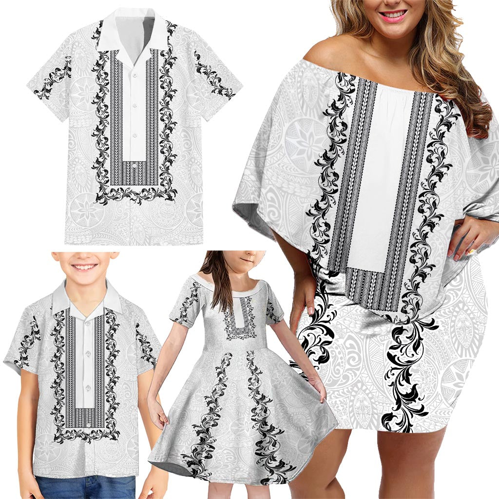 Philippines Polynesian Floral Pattern Family Matching Off Shoulder Short Dress and Hawaiian Shirt With Barong Tagalog White Style