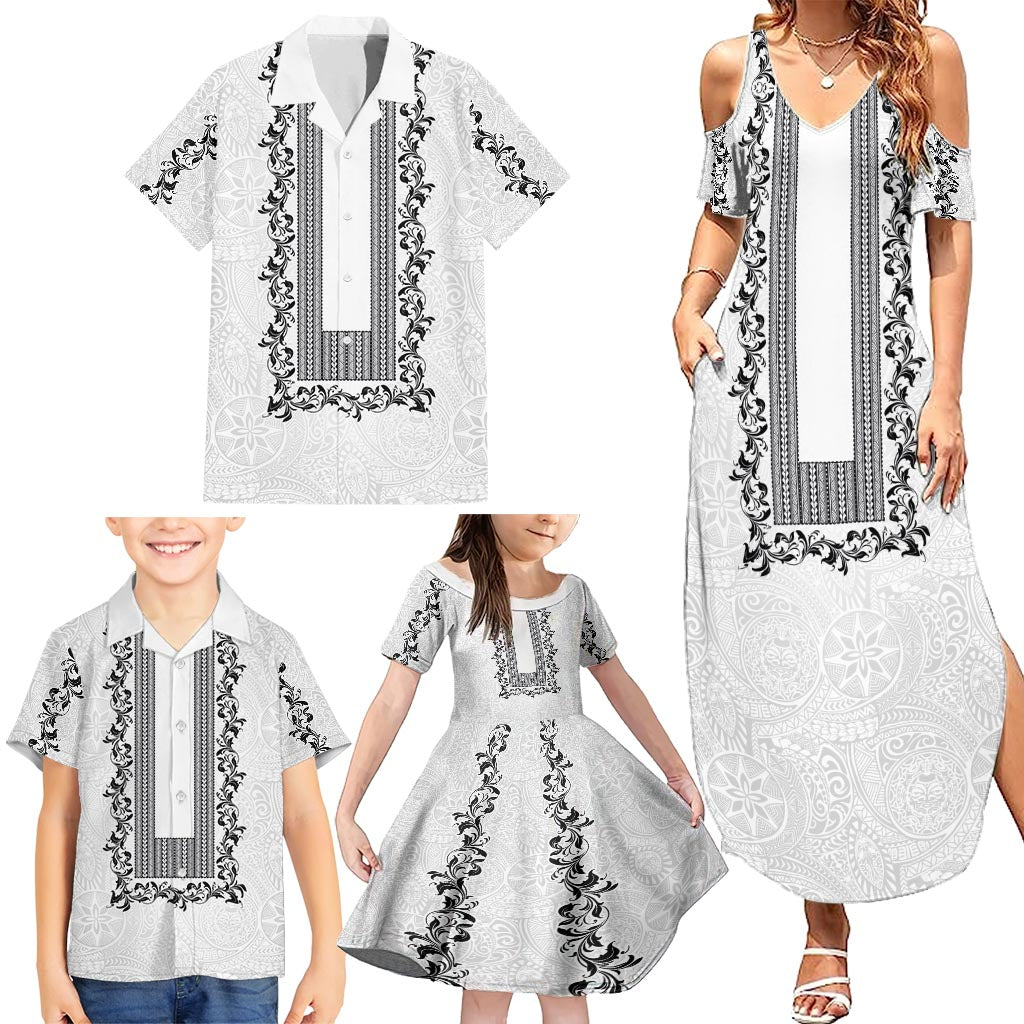 Philippines Polynesian Floral Pattern Family Matching Summer Maxi Dress and Hawaiian Shirt With Barong Tagalog White Style