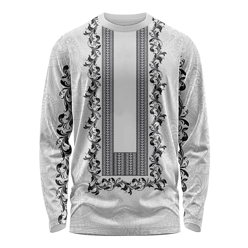 Philippines Polynesian Floral Pattern Long Sleeve Shirt With Barong Tagalog White Style