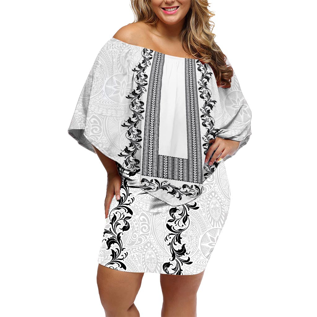 Philippines Polynesian Floral Pattern Off Shoulder Short Dress With Barong Tagalog White Style