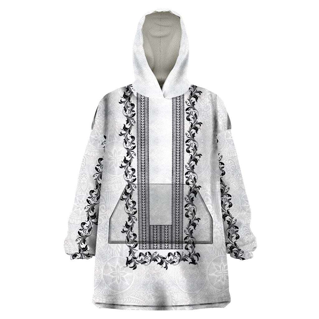 Philippines Polynesian Floral Pattern Wearable Blanket Hoodie With Barong Tagalog White Style