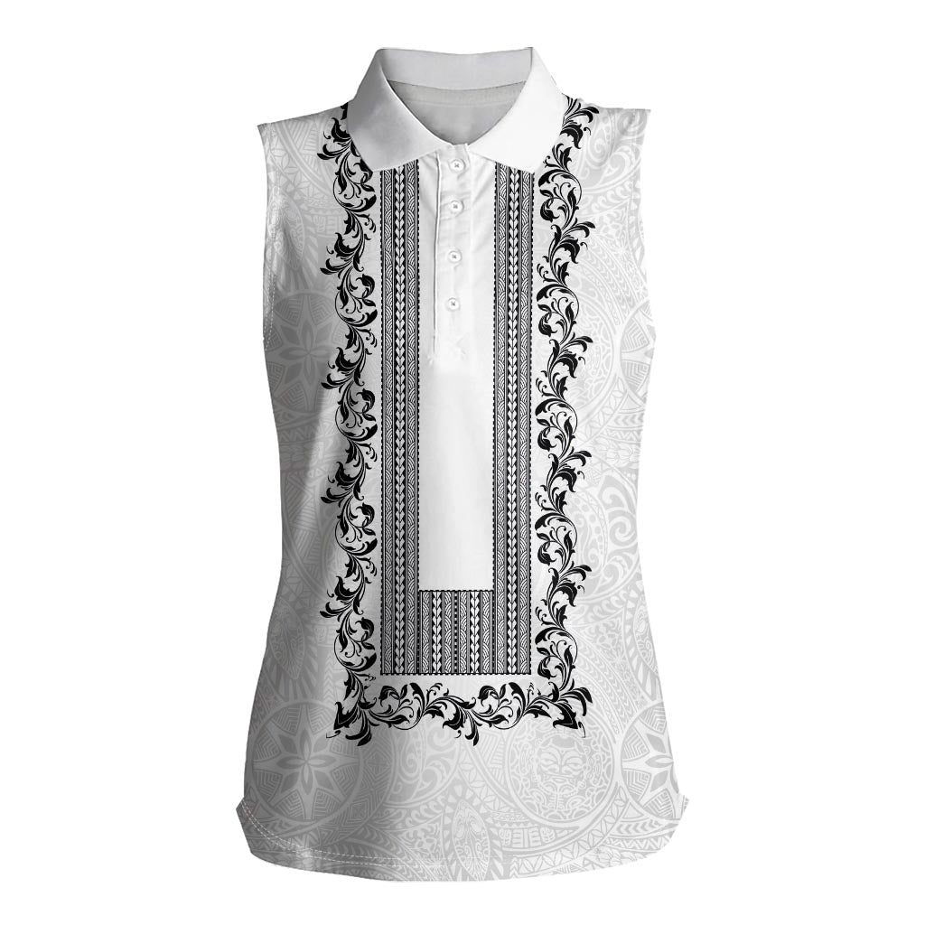 Philippines Polynesian Floral Pattern Women Sleeveless Polo Shirt With Barong Tagalog White Style