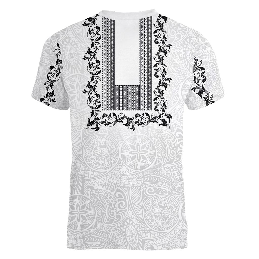 Philippines Polynesian Floral Pattern Women V-Neck T-Shirt With Barong Tagalog White Style