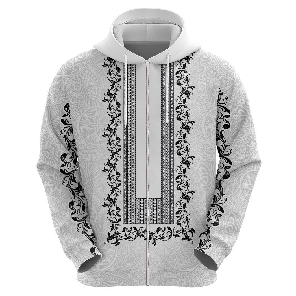 Philippines Polynesian Floral Pattern Zip Hoodie With Barong Tagalog White Style