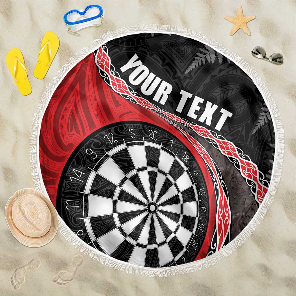 Personalised New Zealand Darts Beach Blanket Koru Tribal Tattoo and Silver Fern Maori Pattern Red Color