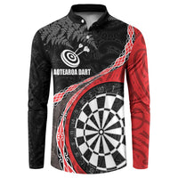 Personalised New Zealand Darts Button Sweatshirt Koru Tribal Tattoo and Silver Fern Maori Pattern Red Color LT03 Red - Polynesian Pride
