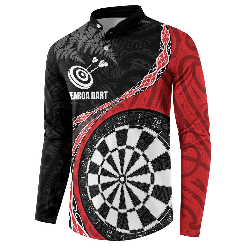 Personalised New Zealand Darts Button Sweatshirt Koru Tribal Tattoo and Silver Fern Maori Pattern Red Color LT03 - Polynesian Pride