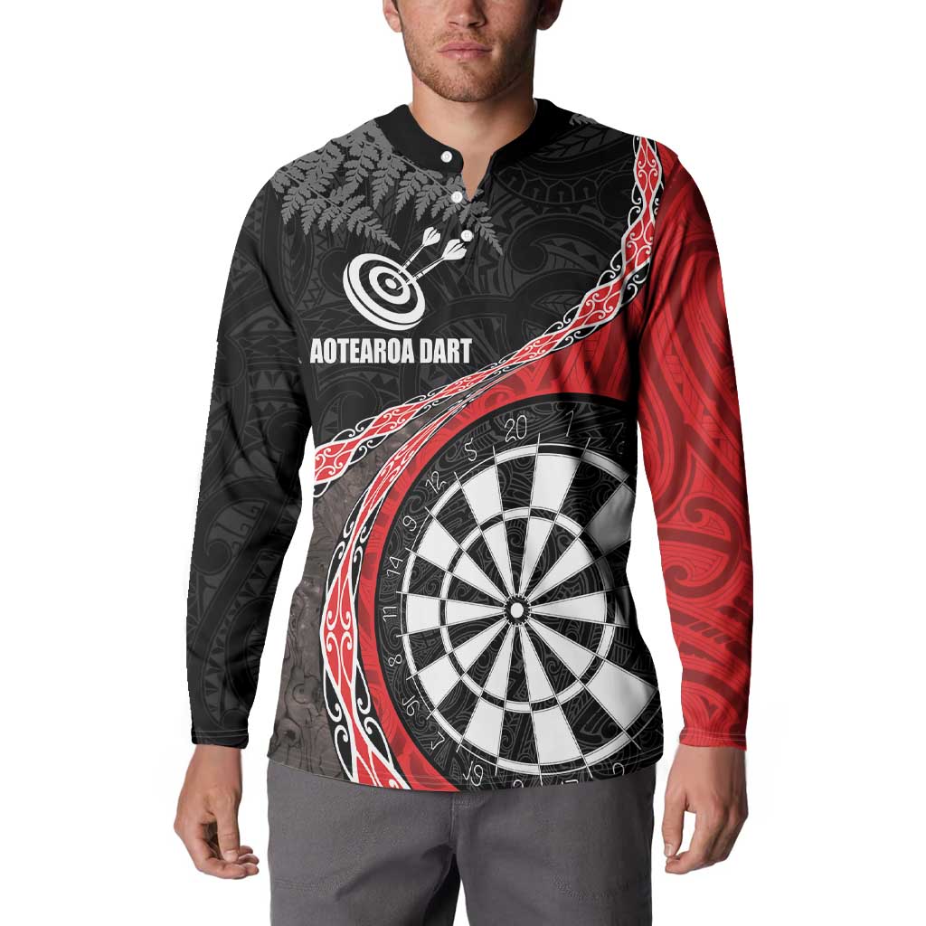 Personalised New Zealand Darts Button Sweatshirt Koru Tribal Tattoo and Silver Fern Maori Pattern Red Color LT03 - Polynesian Pride