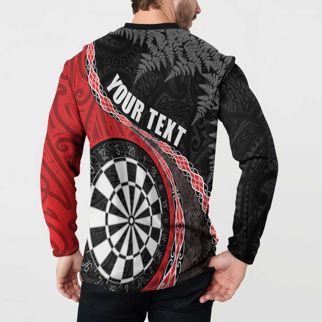 Personalised New Zealand Darts Button Sweatshirt Koru Tribal Tattoo and Silver Fern Maori Pattern Red Color LT03 - Polynesian Pride