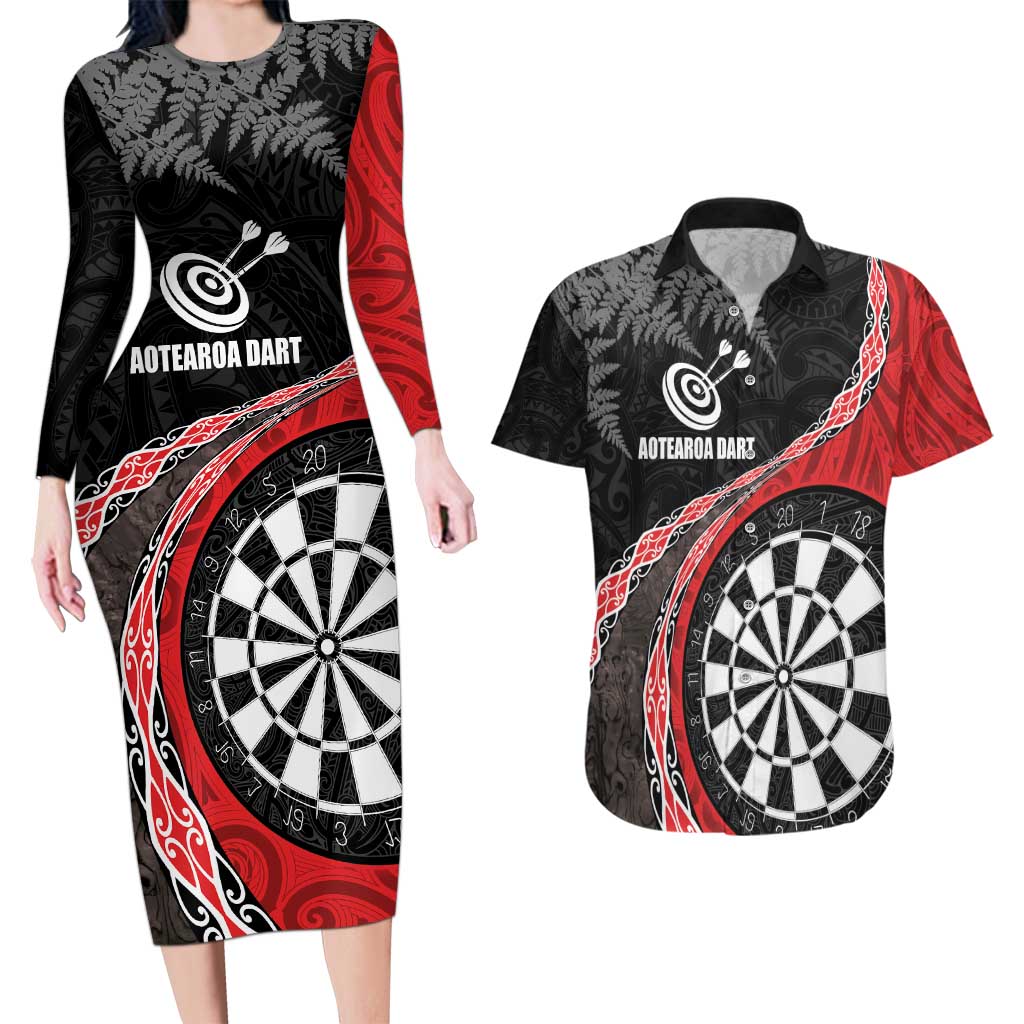 Personalised New Zealand Darts Couples Matching Long Sleeve Bodycon Dress and Hawaiian Shirt Koru Tribal Tattoo and Silver Fern Maori Pattern Red Color