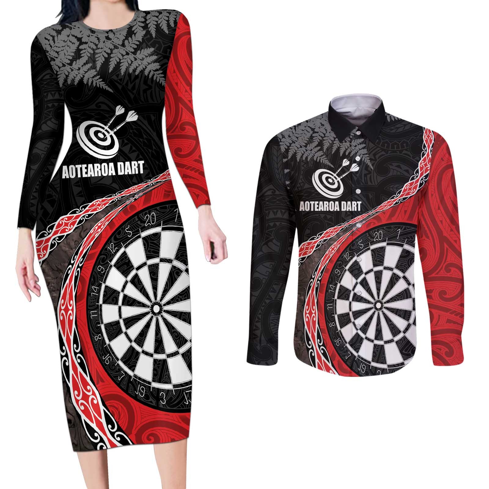 Personalised New Zealand Darts Couples Matching Long Sleeve Bodycon Dress and Long Sleeve Button Shirt Koru Tribal Tattoo and Silver Fern Maori Pattern Red Color LT03 Red - Polynesian Pride