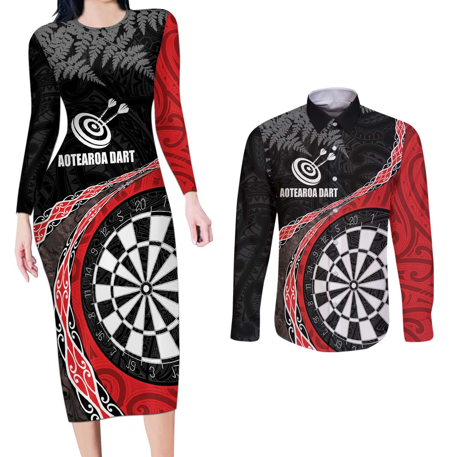 Personalised New Zealand Darts Couples Matching Long Sleeve Bodycon Dress and Long Sleeve Button Shirt Koru Tribal Tattoo and Silver Fern Maori Pattern Red Color