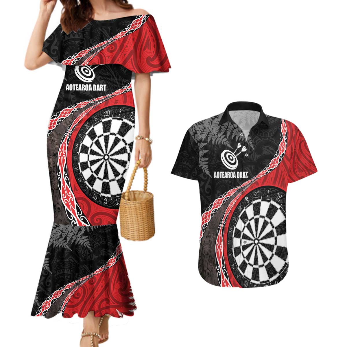 Personalised New Zealand Darts Couples Matching Mermaid Dress and Hawaiian Shirt Koru Tribal Tattoo and Silver Fern Maori Pattern Red Color