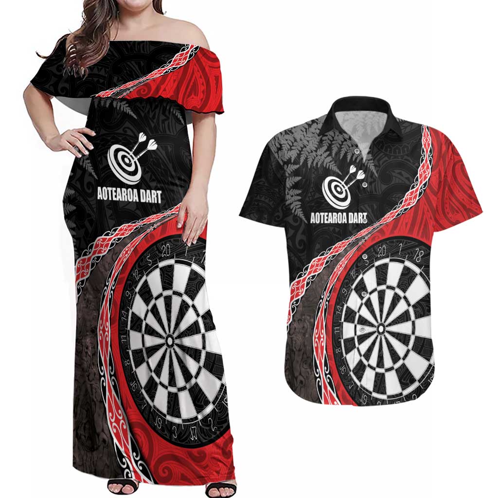 Personalised New Zealand Darts Couples Matching Off Shoulder Maxi Dress and Hawaiian Shirt Koru Tribal Tattoo and Silver Fern Maori Pattern Red Color