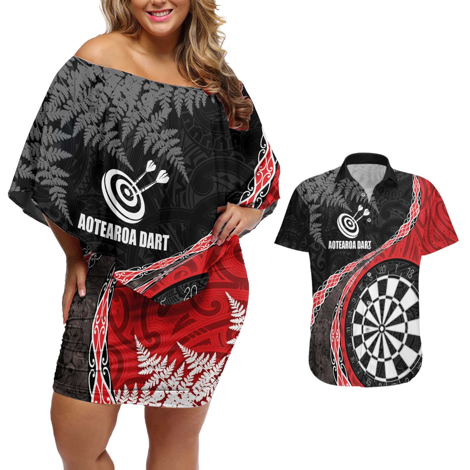 Personalised New Zealand Darts Couples Matching Off Shoulder Short Dress and Hawaiian Shirt Koru Tribal Tattoo and Silver Fern Maori Pattern Red Color LT03 Red - Polynesian Pride