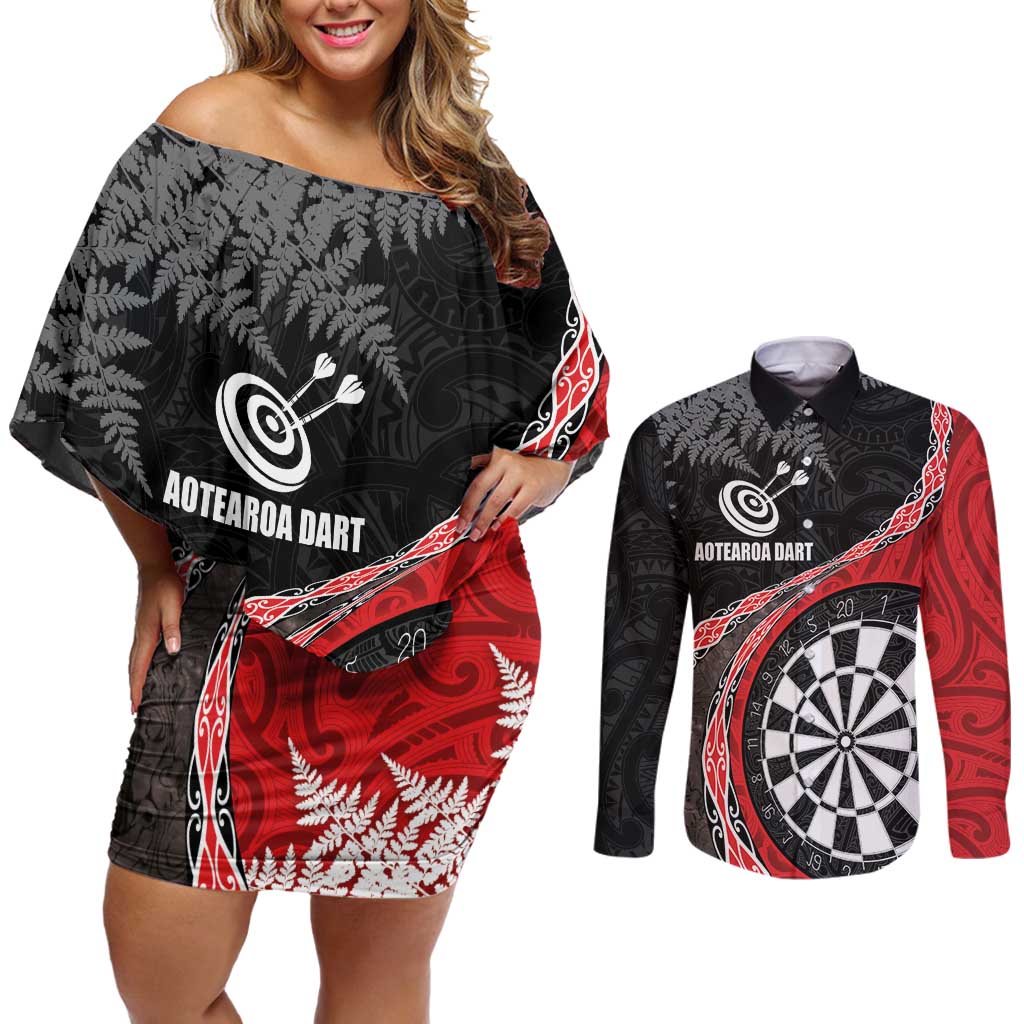 Personalised New Zealand Darts Couples Matching Off Shoulder Short Dress and Long Sleeve Button Shirt Koru Tribal Tattoo and Silver Fern Maori Pattern Red Color LT03 Red - Polynesian Pride
