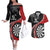 Personalised New Zealand Darts Couples Matching Off The Shoulder Long Sleeve Dress and Hawaiian Shirt Koru Tribal Tattoo and Silver Fern Maori Pattern Red Color