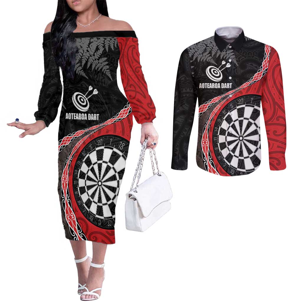 Personalised New Zealand Darts Couples Matching Off The Shoulder Long Sleeve Dress and Long Sleeve Button Shirt Koru Tribal Tattoo and Silver Fern Maori Pattern Red Color