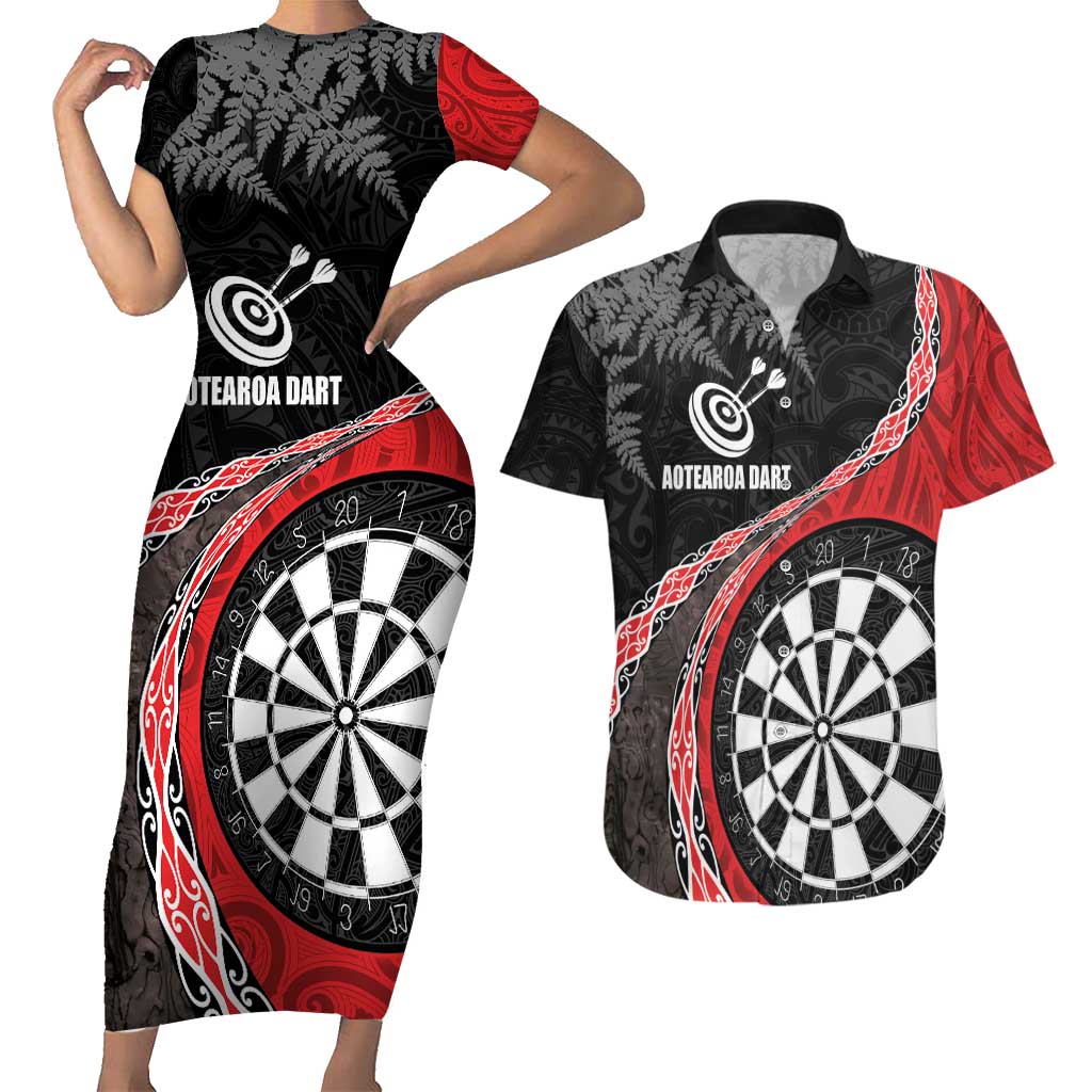 Personalised New Zealand Darts Couples Matching Short Sleeve Bodycon Dress and Hawaiian Shirt Koru Tribal Tattoo and Silver Fern Maori Pattern Red Color