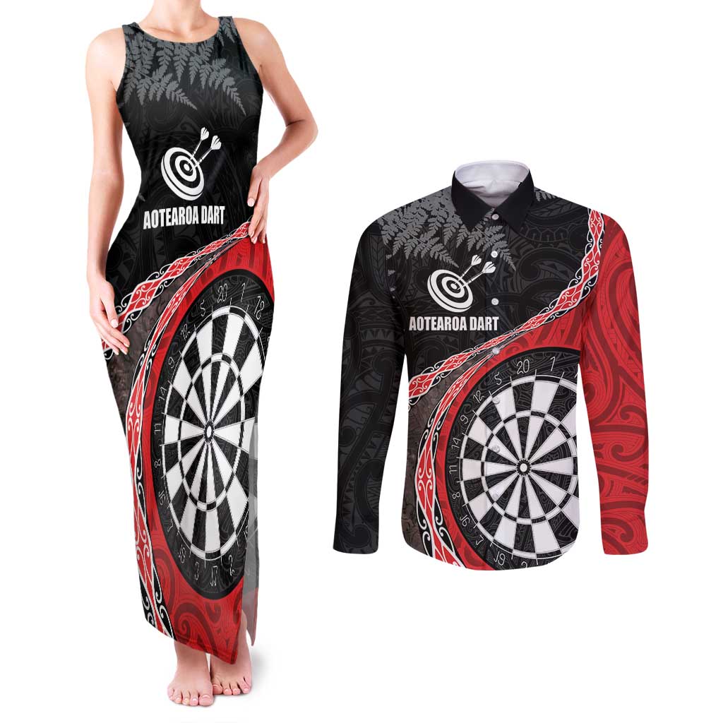 Personalised New Zealand Darts Couples Matching Tank Maxi Dress and Long Sleeve Button Shirt Koru Tribal Tattoo and Silver Fern Maori Pattern Red Color