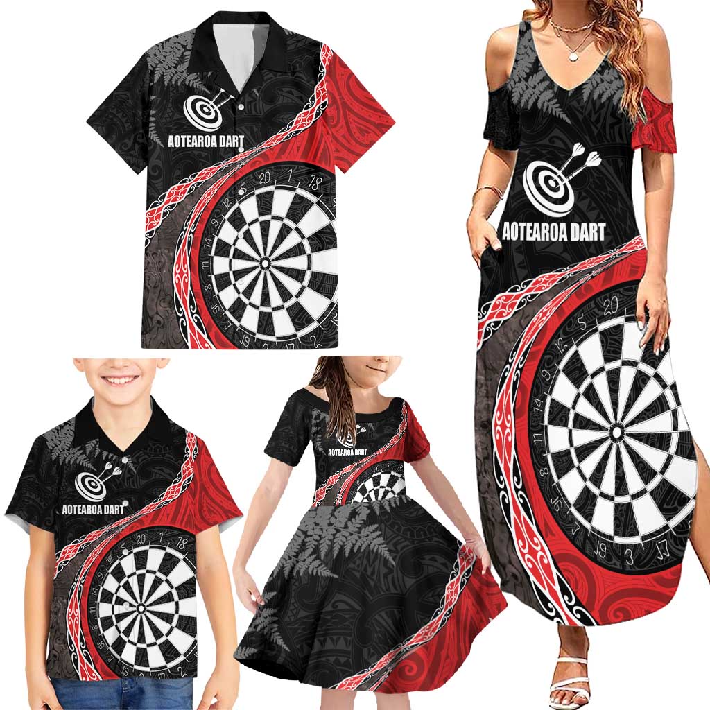 Personalised New Zealand Darts Family Matching Summer Maxi Dress and Hawaiian Shirt Koru Tribal Tattoo and Silver Fern Maori Pattern Red Color LT03 - Polynesian Pride