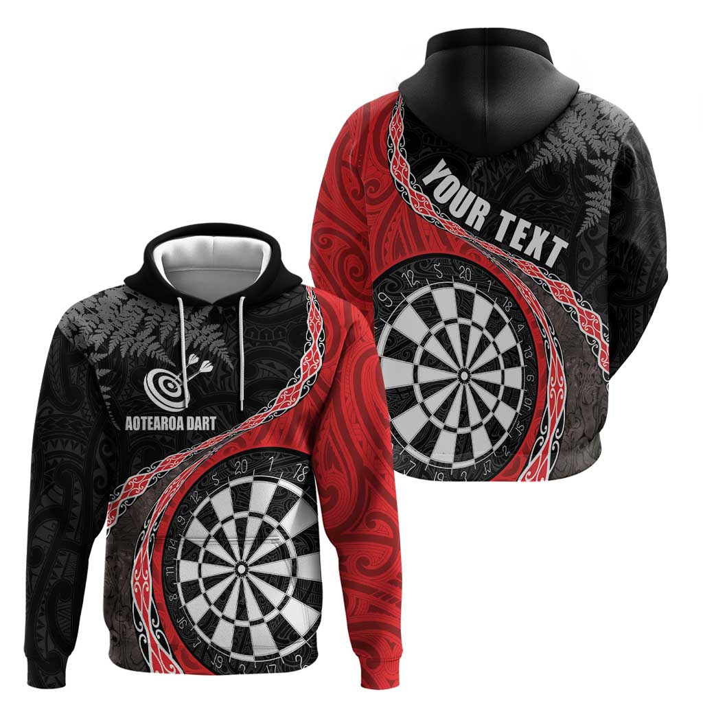 Personalised New Zealand Darts Hoodie Koru Tribal Tattoo and Silver Fern Maori Pattern Red Color