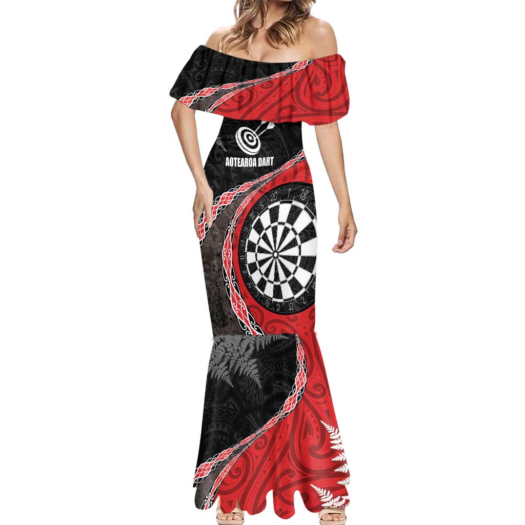 Personalised New Zealand Darts Mermaid Dress Koru Tribal Tattoo and Silver Fern Maori Pattern Red Color