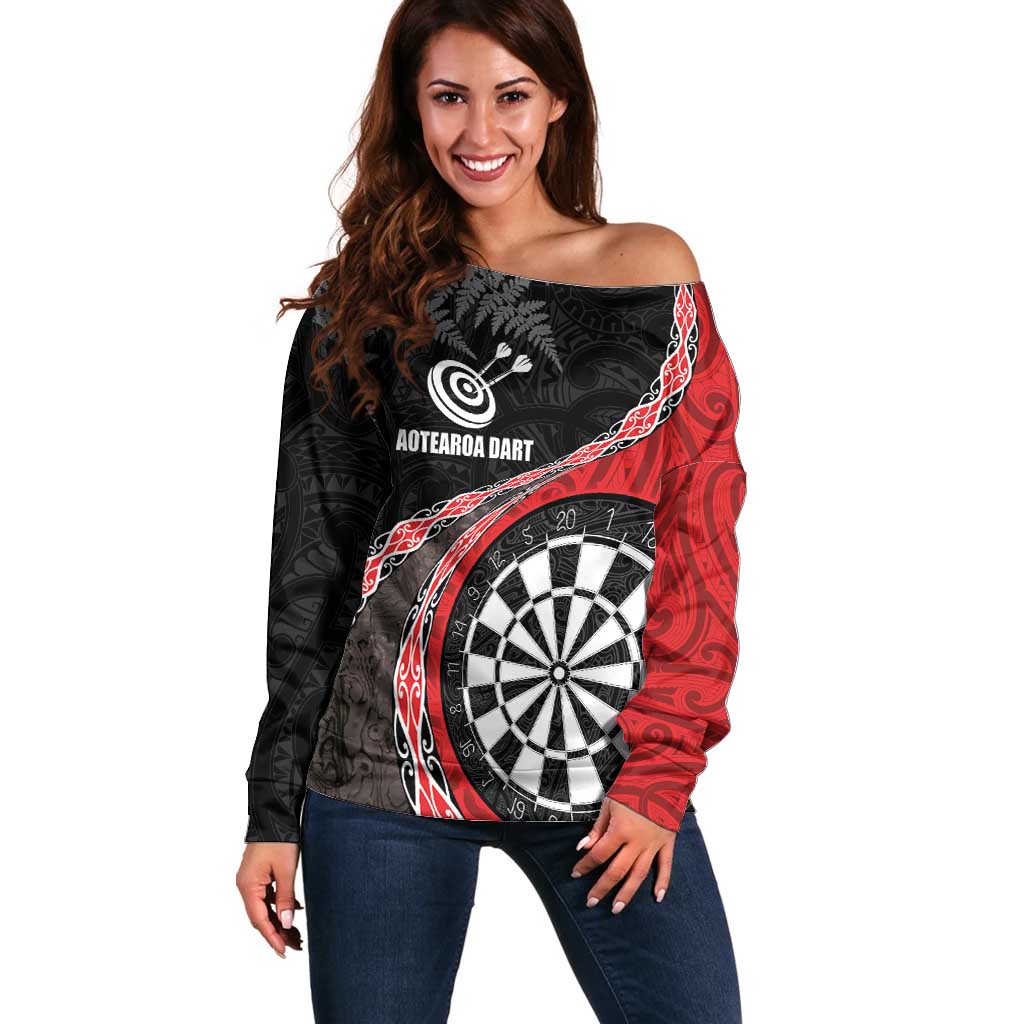 Personalised New Zealand Darts Off Shoulder Sweater Koru Tribal Tattoo and Silver Fern Maori Pattern Red Color