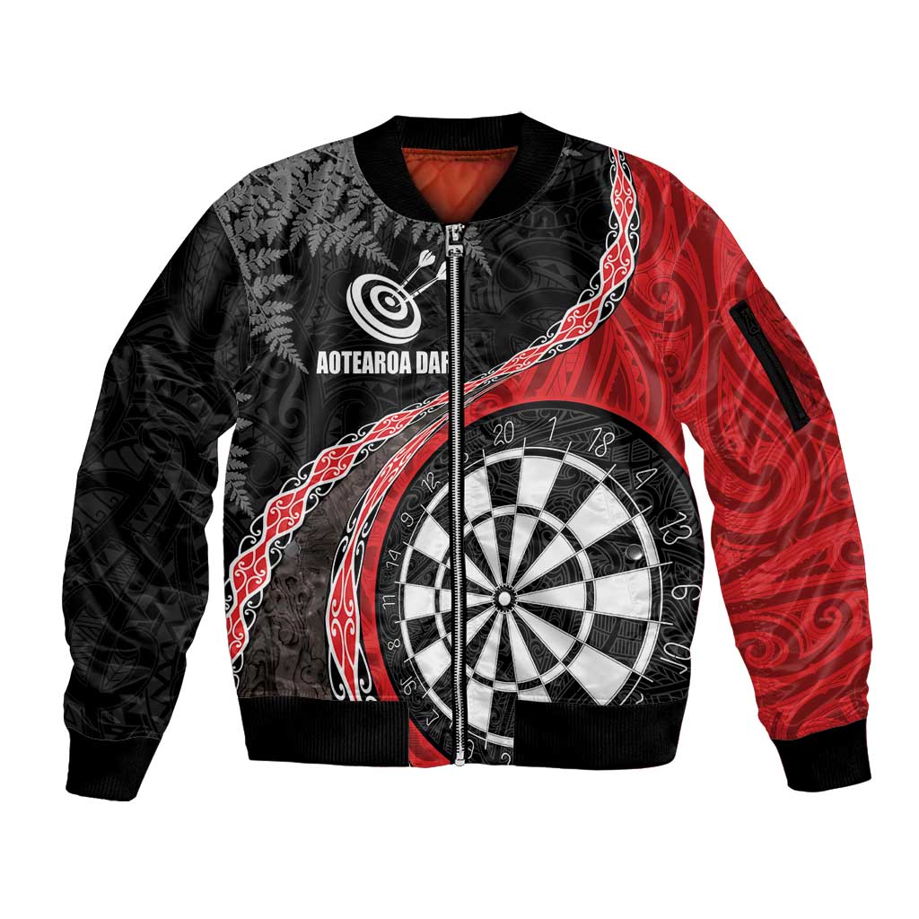 Personalised New Zealand Darts Sleeve Zip Bomber Jacket Koru Tribal Tattoo and Silver Fern Maori Pattern Red Color