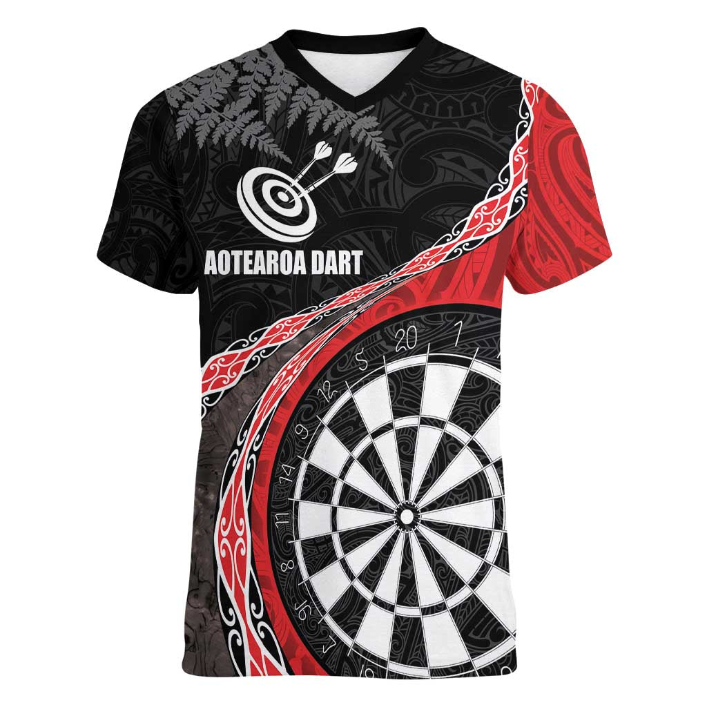 Personalised New Zealand Darts Women V-Neck T-Shirt Koru Tribal Tattoo and Silver Fern Maori Pattern Red Color