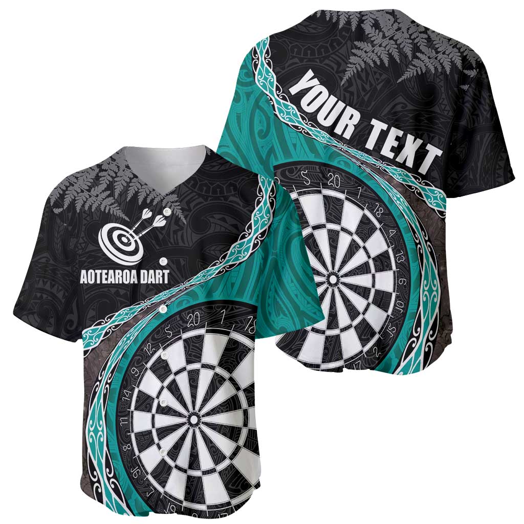 Personalised New Zealand Darts Baseball Jersey Koru Tribal Tattoo and Silver Fern Maori Pattern Teal Color