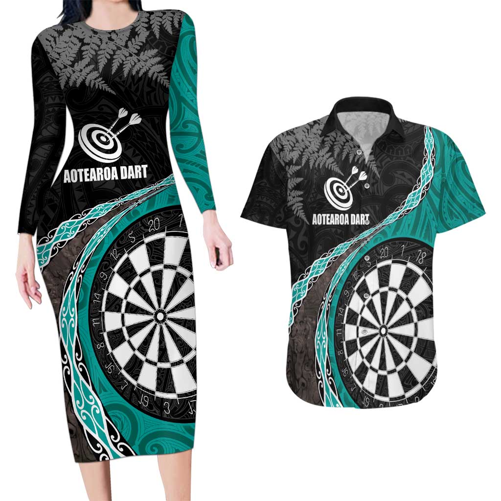 Personalised New Zealand Darts Couples Matching Long Sleeve Bodycon Dress and Hawaiian Shirt Koru Tribal Tattoo and Silver Fern Maori Pattern Teal Color