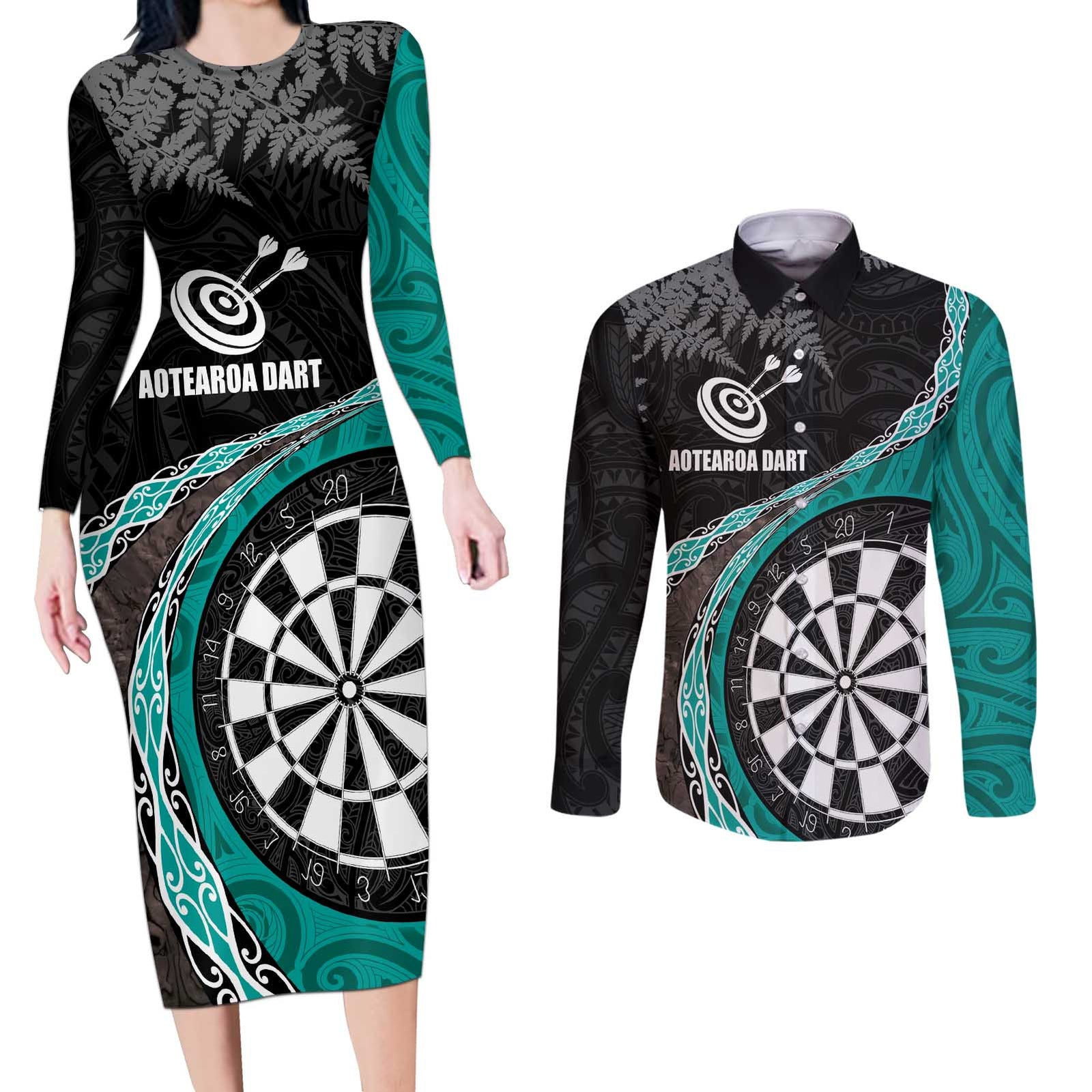 Personalised New Zealand Darts Couples Matching Long Sleeve Bodycon Dress and Long Sleeve Button Shirt Koru Tribal Tattoo and Silver Fern Maori Pattern Teal Color LT03 Teal - Polynesian Pride
