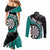 Personalised New Zealand Darts Couples Matching Mermaid Dress and Long Sleeve Button Shirt Koru Tribal Tattoo and Silver Fern Maori Pattern Teal Color