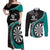 Personalised New Zealand Darts Couples Matching Off Shoulder Maxi Dress and Long Sleeve Button Shirt Koru Tribal Tattoo and Silver Fern Maori Pattern Teal Color