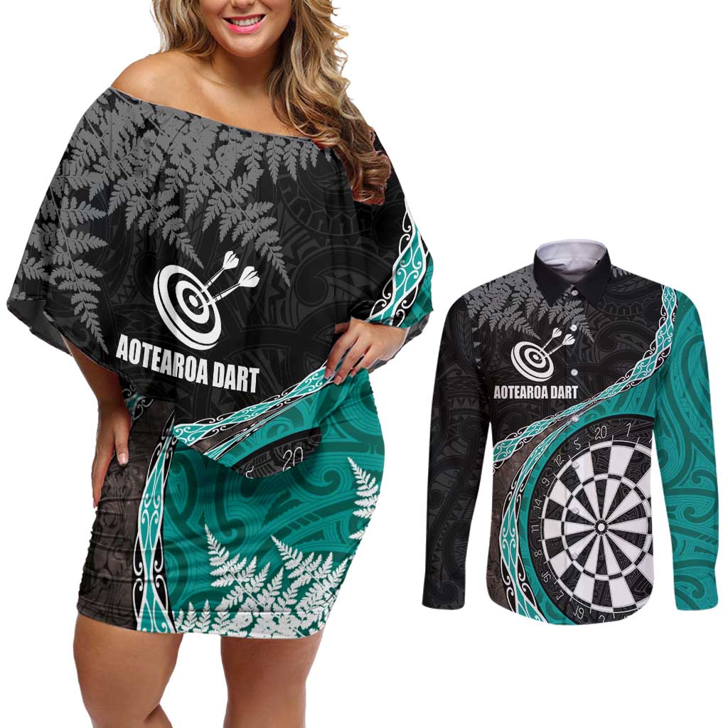 Personalised New Zealand Darts Couples Matching Off Shoulder Short Dress and Long Sleeve Button Shirt Koru Tribal Tattoo and Silver Fern Maori Pattern Teal Color