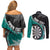 Personalised New Zealand Darts Couples Matching Off Shoulder Short Dress and Long Sleeve Button Shirt Koru Tribal Tattoo and Silver Fern Maori Pattern Teal Color