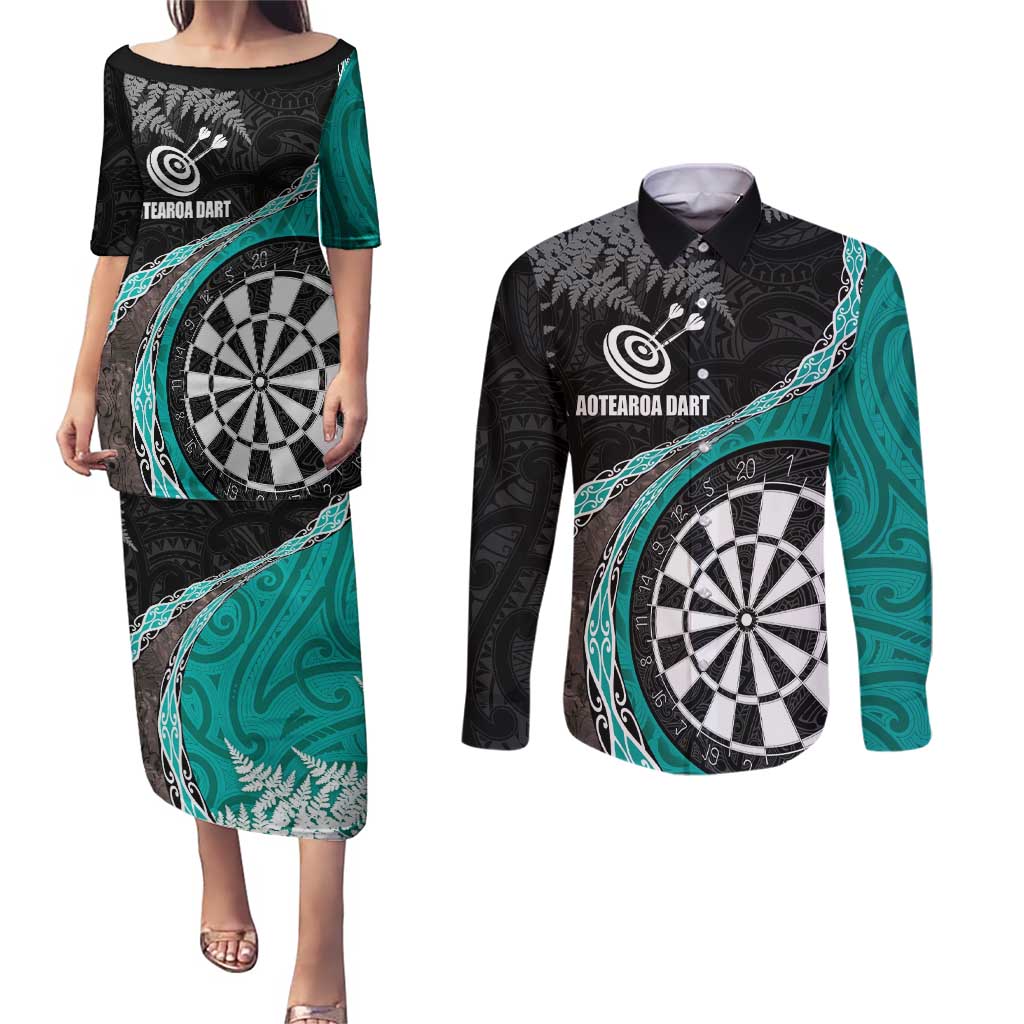 Personalised New Zealand Darts Couples Matching Puletasi and Long Sleeve Button Shirt Koru Tribal Tattoo and Silver Fern Maori Pattern Teal Color