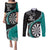 Personalised New Zealand Darts Couples Matching Puletasi and Long Sleeve Button Shirt Koru Tribal Tattoo and Silver Fern Maori Pattern Teal Color