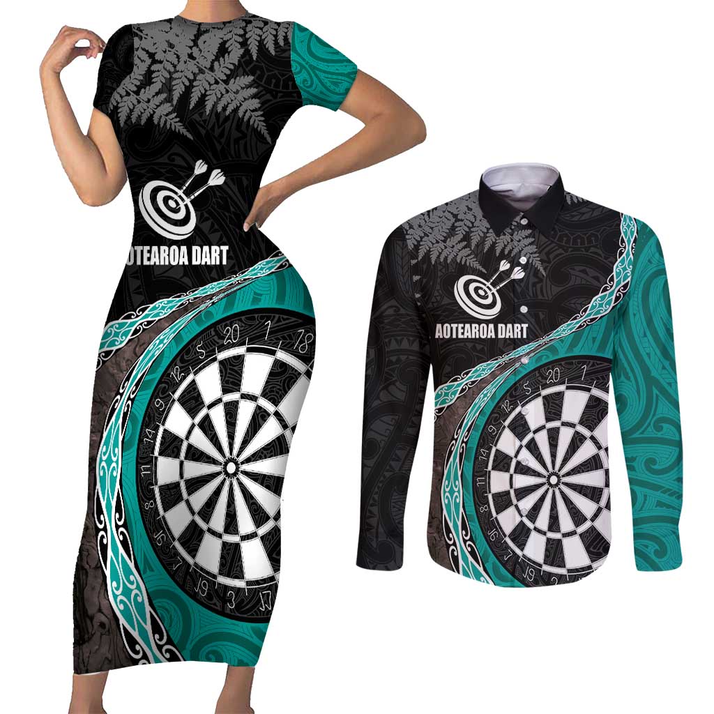 Personalised New Zealand Darts Couples Matching Short Sleeve Bodycon Dress and Long Sleeve Button Shirt Koru Tribal Tattoo and Silver Fern Maori Pattern Teal Color