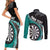 Personalised New Zealand Darts Couples Matching Short Sleeve Bodycon Dress and Long Sleeve Button Shirt Koru Tribal Tattoo and Silver Fern Maori Pattern Teal Color