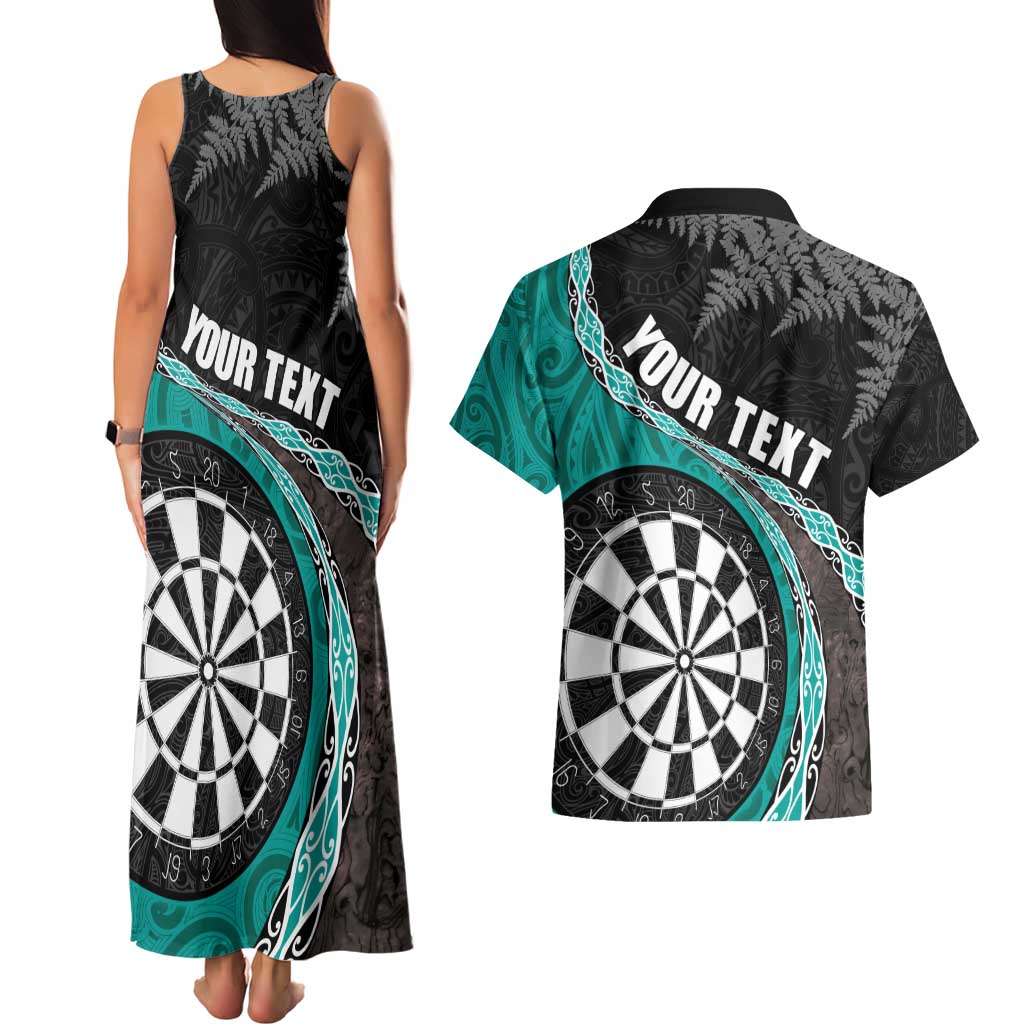 Personalised New Zealand Darts Couples Matching Tank Maxi Dress and Hawaiian Shirt Koru Tribal Tattoo and Silver Fern Maori Pattern Teal Color