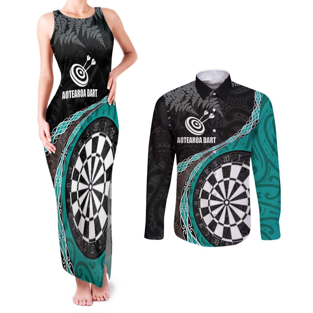 Personalised New Zealand Darts Couples Matching Tank Maxi Dress and Long Sleeve Button Shirt Koru Tribal Tattoo and Silver Fern Maori Pattern Teal Color LT03 Teal - Polynesian Pride