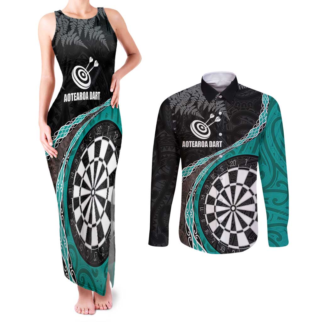 Personalised New Zealand Darts Couples Matching Tank Maxi Dress and Long Sleeve Button Shirt Koru Tribal Tattoo and Silver Fern Maori Pattern Teal Color