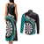 Personalised New Zealand Darts Couples Matching Tank Maxi Dress and Long Sleeve Button Shirt Koru Tribal Tattoo and Silver Fern Maori Pattern Teal Color