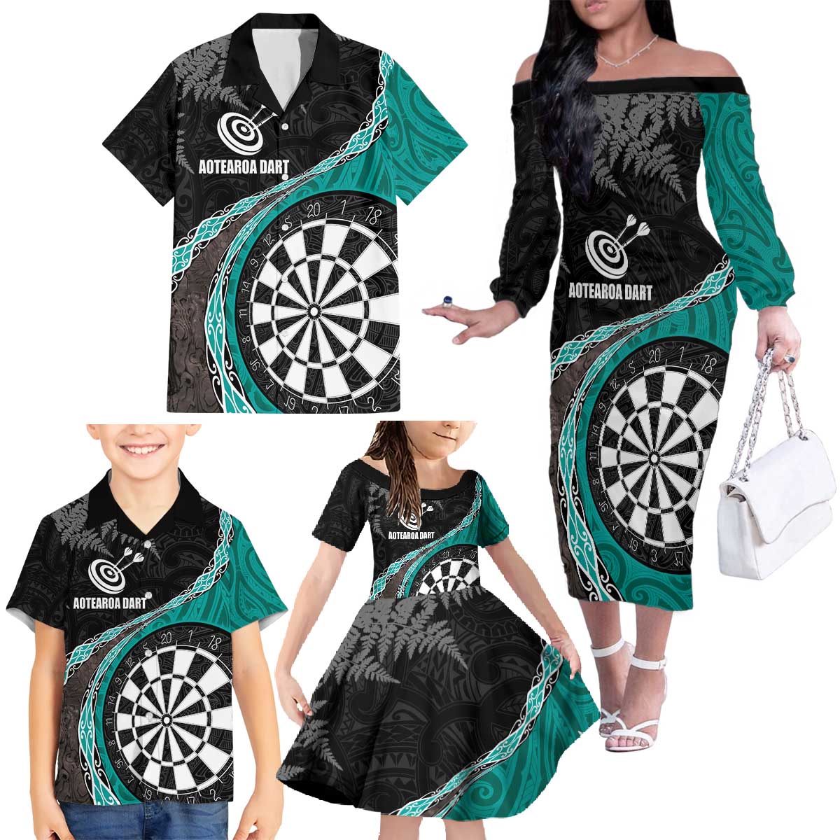 Personalised New Zealand Darts Family Matching Off The Shoulder Long Sleeve Dress and Hawaiian Shirt Koru Tribal Tattoo and Silver Fern Maori Pattern Teal Color LT03 - Polynesian Pride