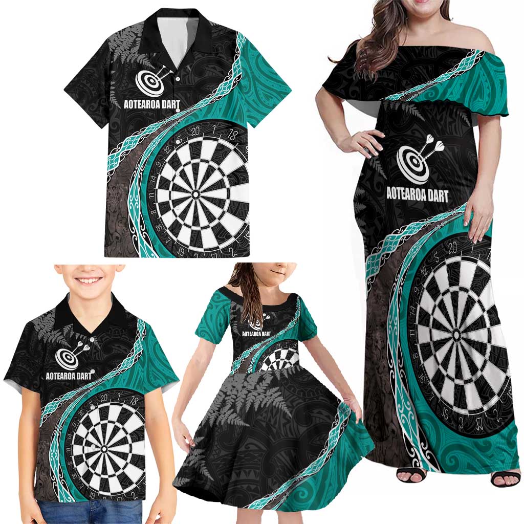 Personalised New Zealand Darts Family Matching Off Shoulder Maxi Dress and Hawaiian Shirt Koru Tribal Tattoo and Silver Fern Maori Pattern Teal Color LT03 - Polynesian Pride